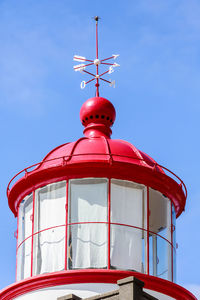 Low angle view of red lighthouse against sky