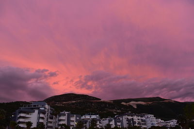 Townscape against sky during sunset