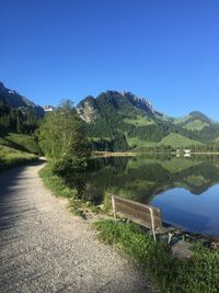 Scenic view of lake against clear blue sky
