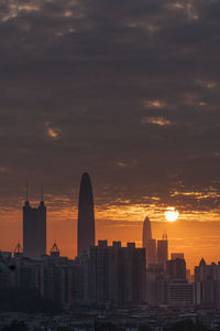 Buildings in city during sunset