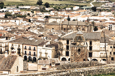 High angle view of old buildings in town