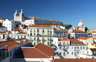 View of residential buildings against blue sky