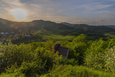 High angle view of townscape against sky during sunset