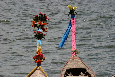 High angle view of ropes in river