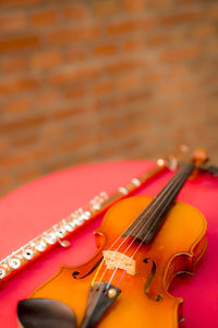 Close-up of violin on table