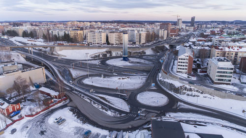 High angle view of city street during winter