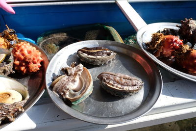 High angle view of food in plate on table