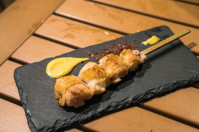 High angle view of meat in box on table