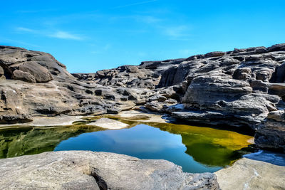 Reflection of rocks in lake against blue sky