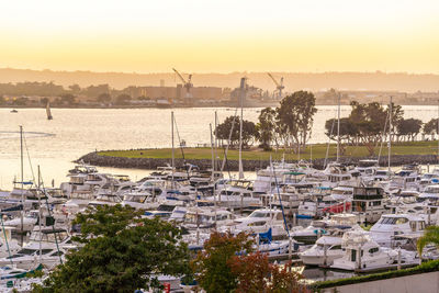 High angle view of harbor at sunset