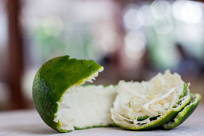 Close-up of orange peels on table