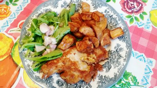 High angle view of food in plate on table