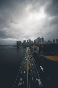 Aerial view of highway and cityscape against sky