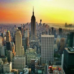 City skyline at sunset