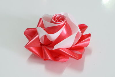 High angle view of red rose over white background