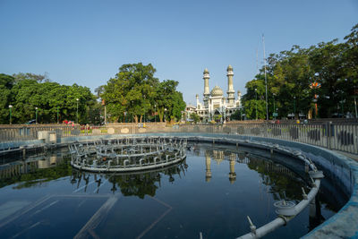 Reflection of building in pond