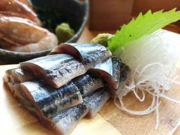 Close-up of sushi served on table