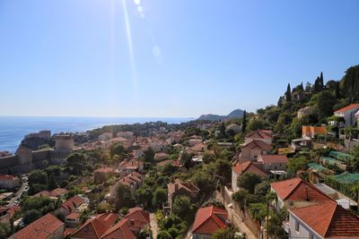 Panoramic shot of townscape against clear blue sky