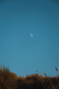 Low angle view of moon against clear blue sky
