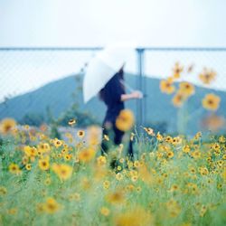 Low angle view of woman standing on field against sky