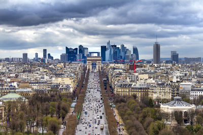 High angle view of buildings in city against sky