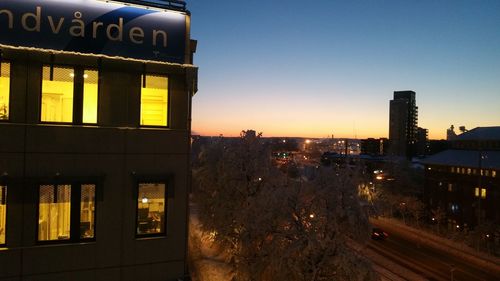 Buildings in city at sunset