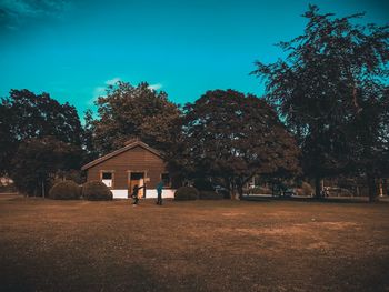 Trees and houses on field against sky