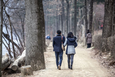 People walking on footpath in forest