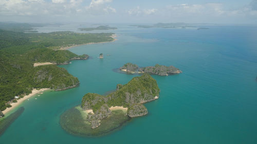 High angle view of bay against sky