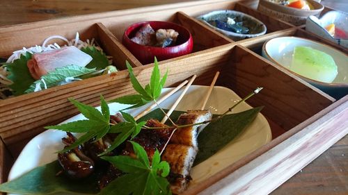 Seafood in tray on table