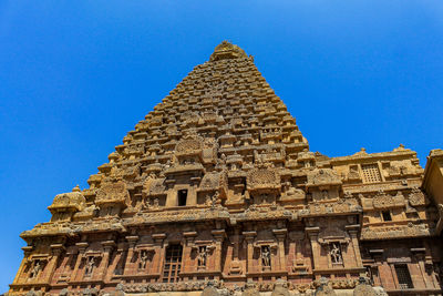 Low angle view of historical building against clear blue sky