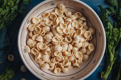 High angle view of chopped mushrooms in bowl on table