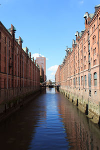 Canal passing through buildings against clear blue sky