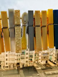 Close-up of multi colored pencils in row