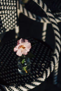 High angle view of pink flower vase on table