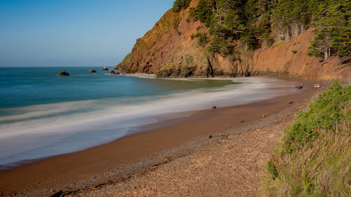 Scenic view of beach against clear sky