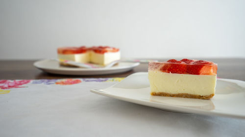 Close-up of cake served on table