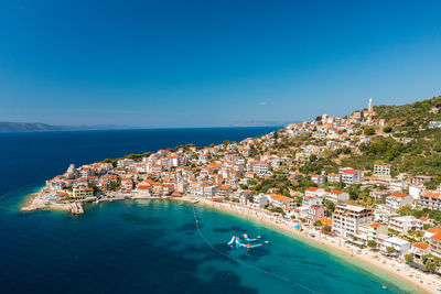 Aerial view of igrane town, the adriatic sea, croatia