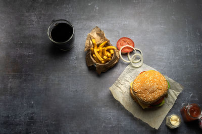 High angle view of food on table