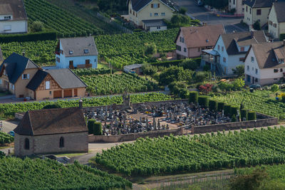 High angle view of houses in city