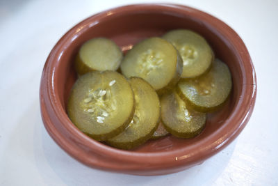 High angle view of fruits in bowl on table
