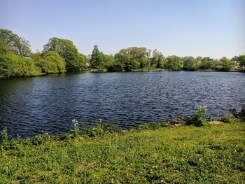Scenic view of lake against clear sky