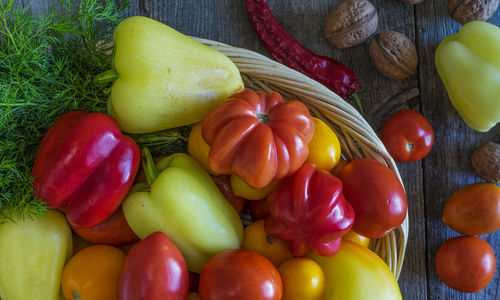 High angle view of vegetables in basket on table