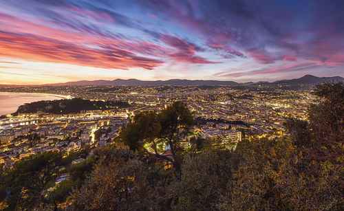 High angle view of cityscape against sky during sunset