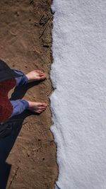 Low section of person standing on frozen shore at beach