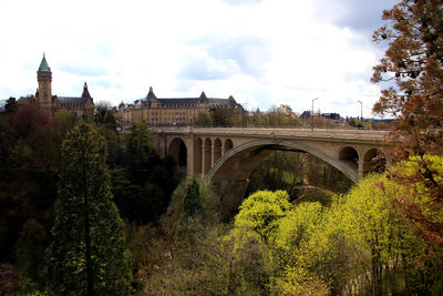 Arch bridge over river against sky