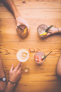 High angle view of food on wooden table