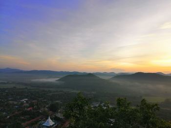 High angle view of landscape against sky during sunset