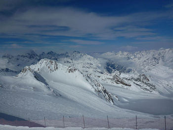 Scenic view of snow covered mountains against sky