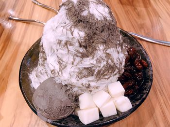 High angle view of ice cream in bowl on table